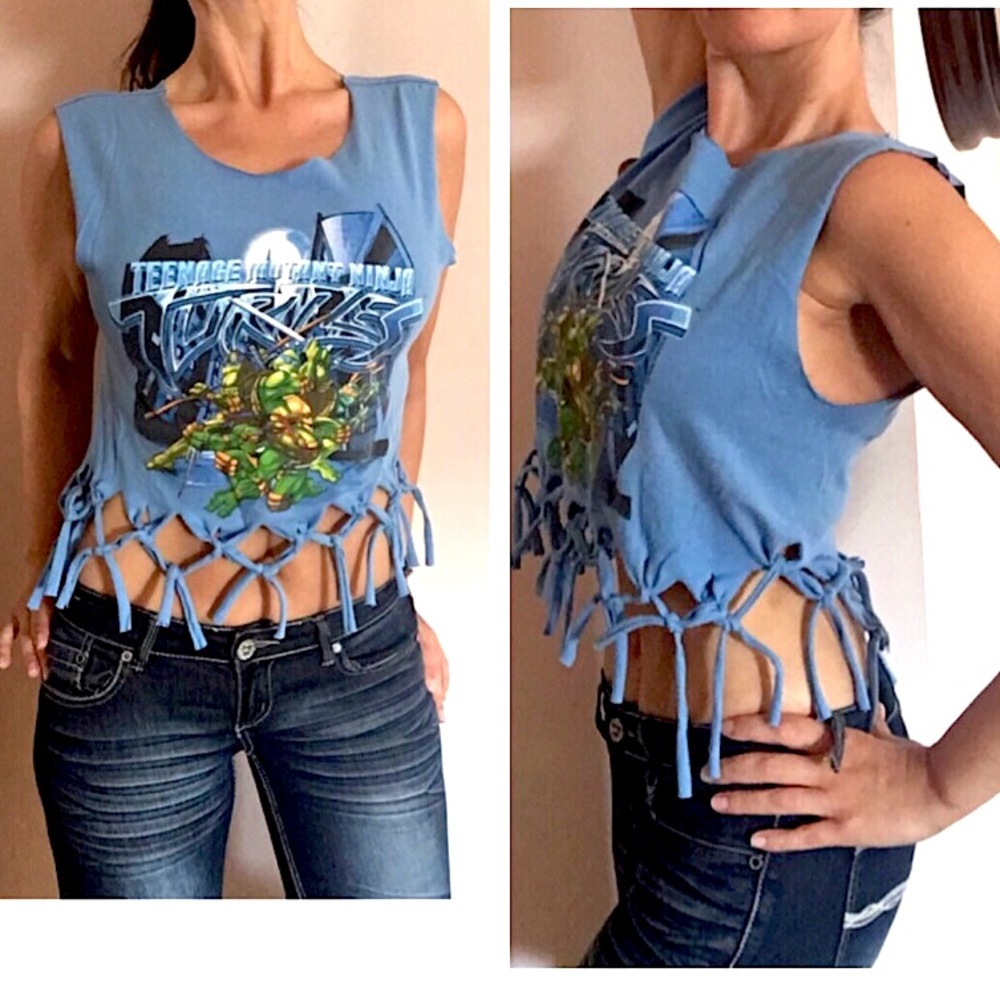 Teenage Mutant Ninja Turtles Crop Top Size small Fringe tank TMNT Cartoon Retro